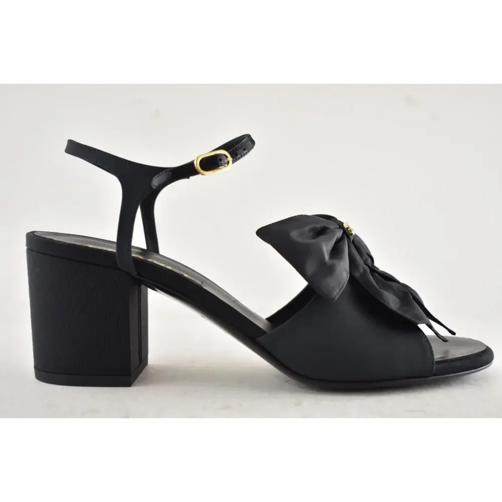 Chanel 24A Black Silk Bow Crystal CC Logo Ankle Strap Block Heel Sandals 42 - Picture 2 of 16